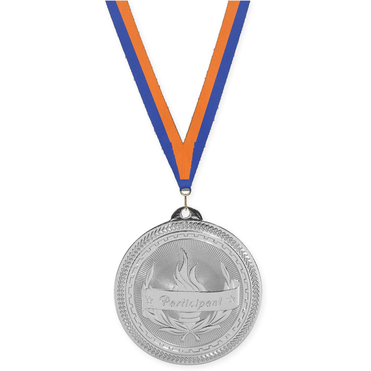 2 inch Participant Sunburst medal in bright silver with Blue Orange neck ribbon