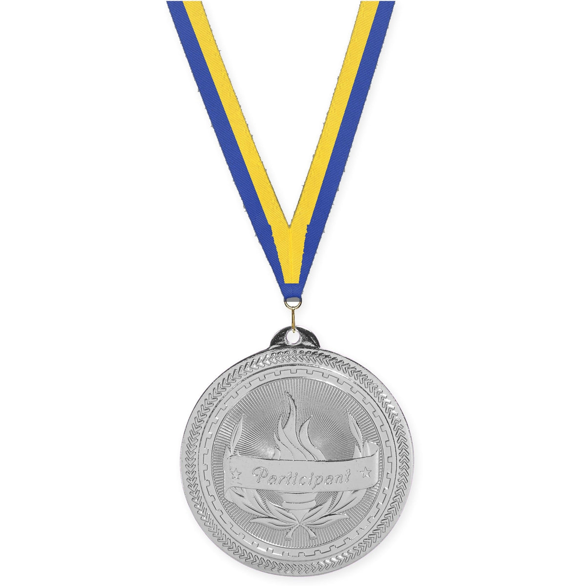 2 inch Participant Sunburst medal in bright silver with Blue Yellow neck ribbon