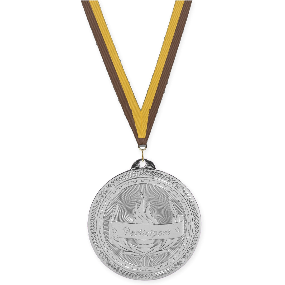 2 inch Participant Sunburst medal in bright silver with Brown Gold neck ribbon