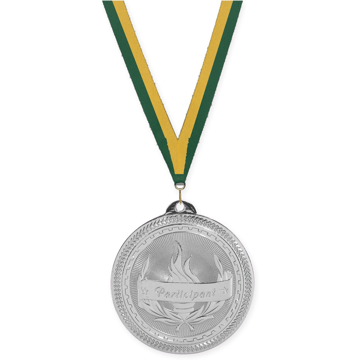2 inch Participant Sunburst medal in bright silver with Hunter Green Gold neck ribbon