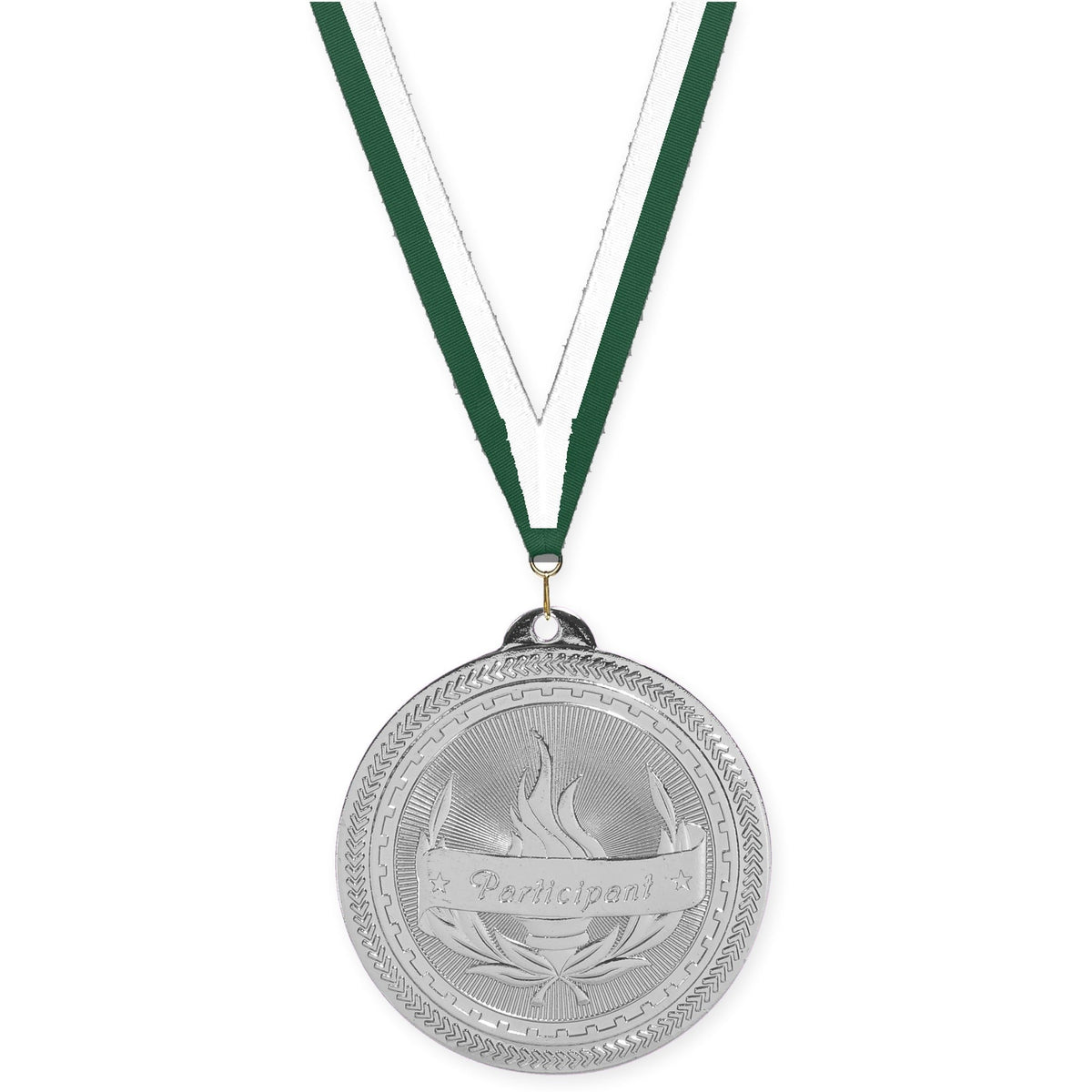 2 inch Participant Sunburst medal in bright silver with Hunter Green White neck ribbon