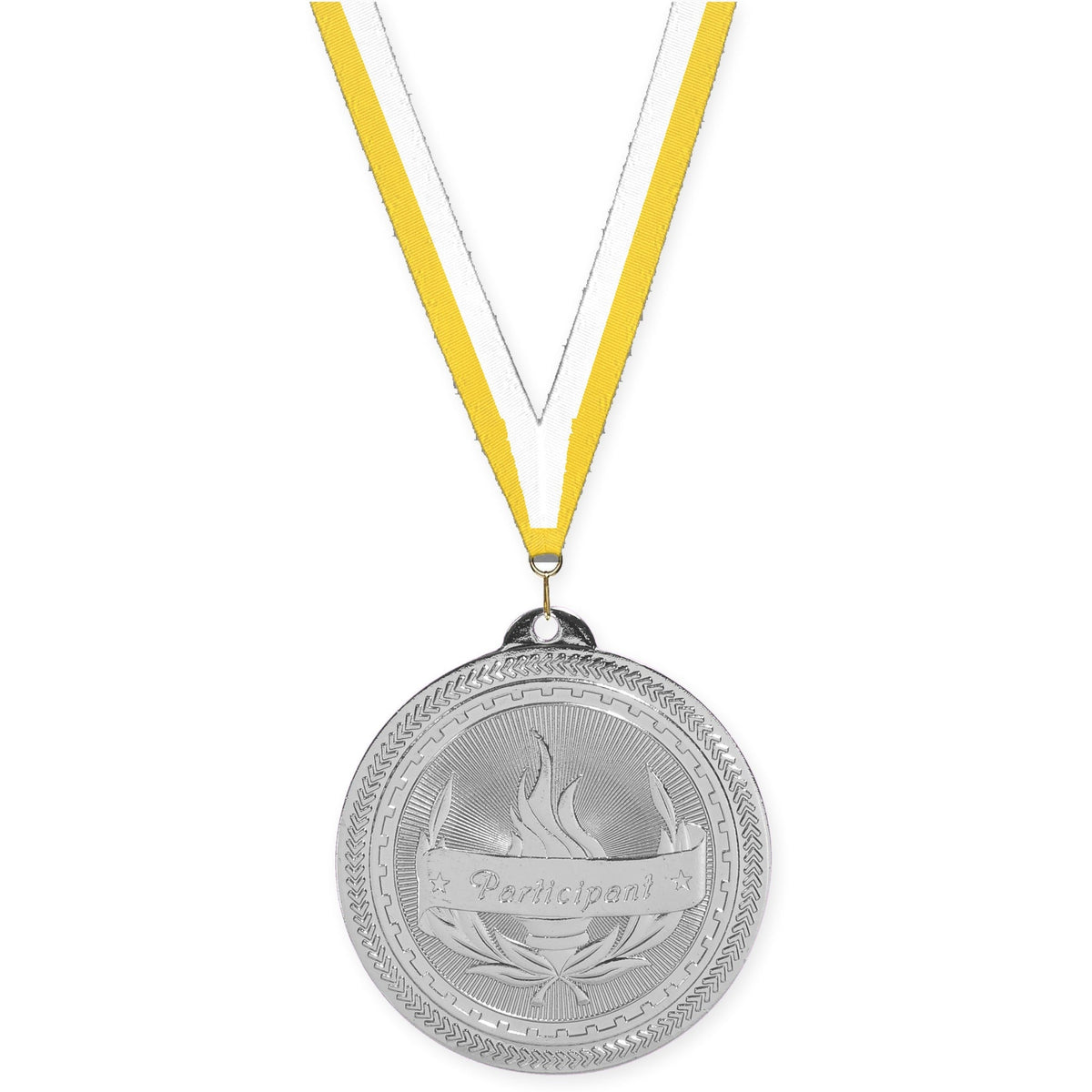 2 inch Participant Sunburst medal in bright silver with Yellow White neck ribbon