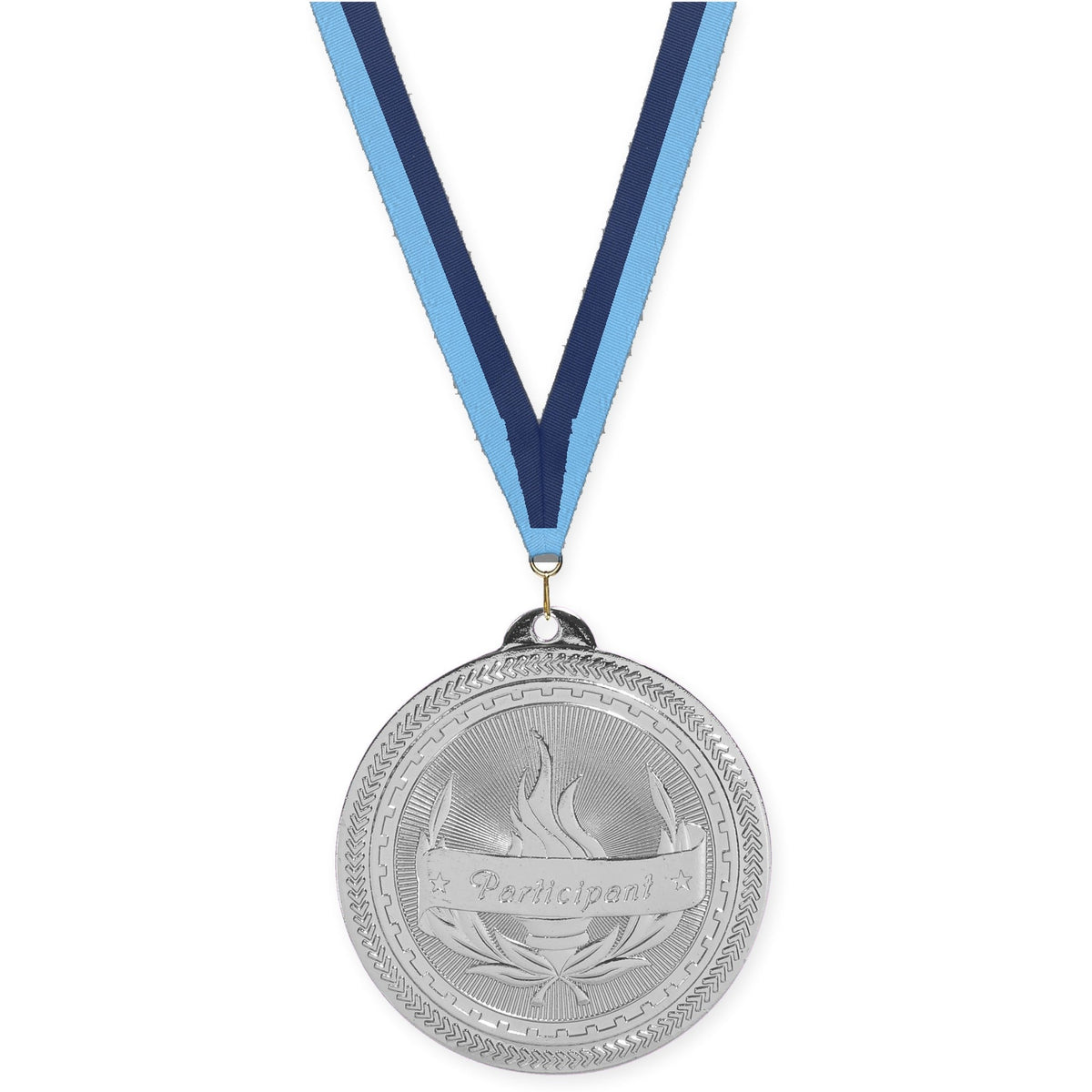 2 inch Participant Sunburst medal in bright silver with Light Blue Navy neck ribbon