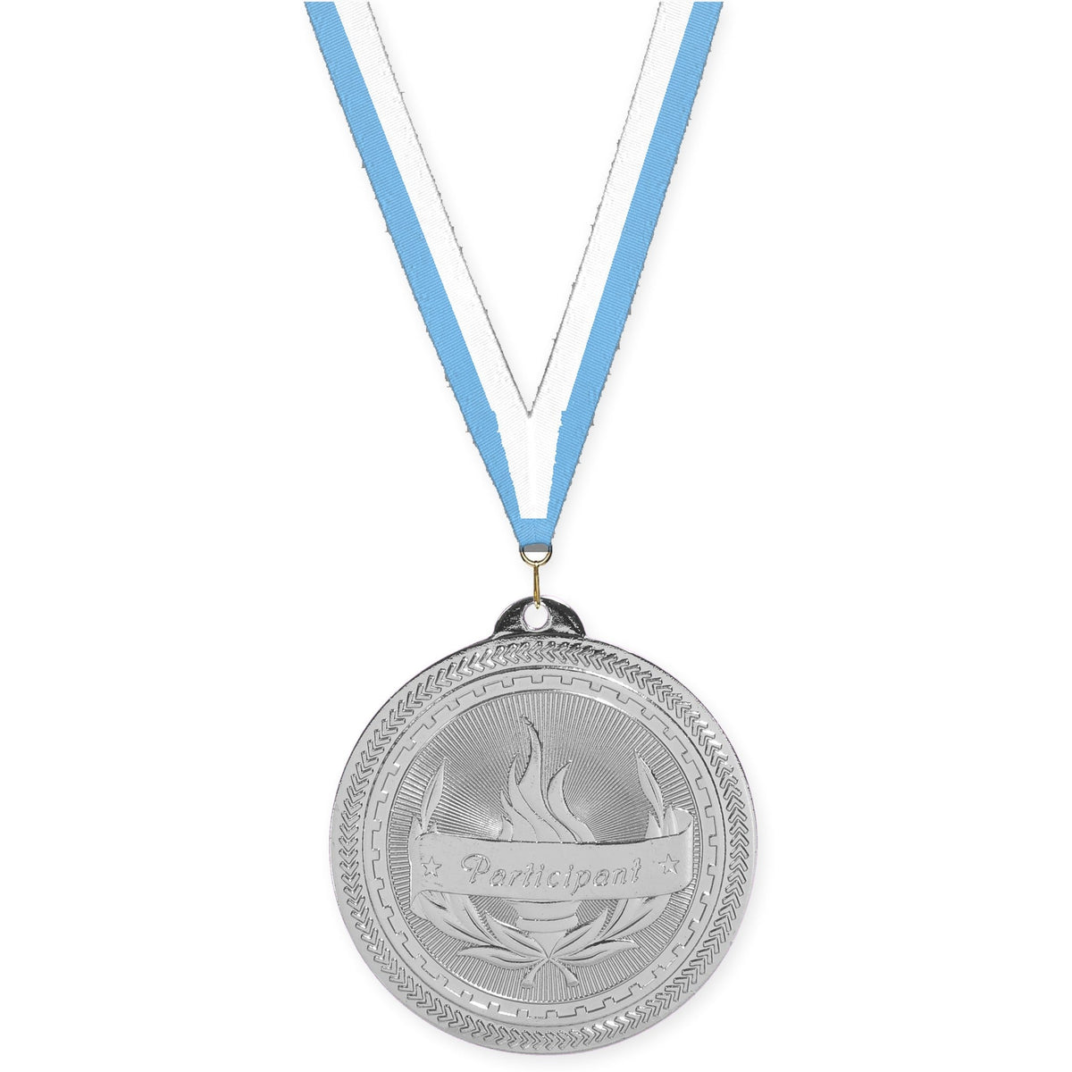 2 inch Participant Sunburst medal in bright silver with Light Blue White neck ribbon