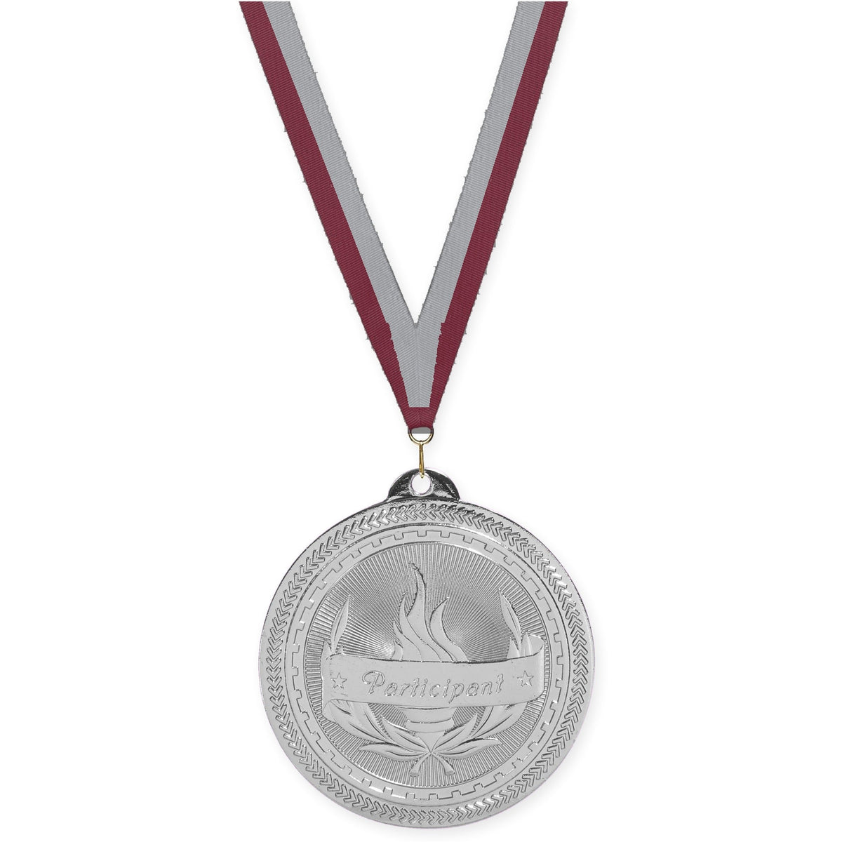 2 inch Participant Sunburst medal in bright silver with Maroon Gray neck ribbon