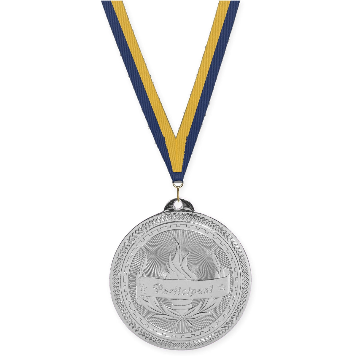 2 inch Participant Sunburst medal in bright silver with Navy Gold neck ribbon