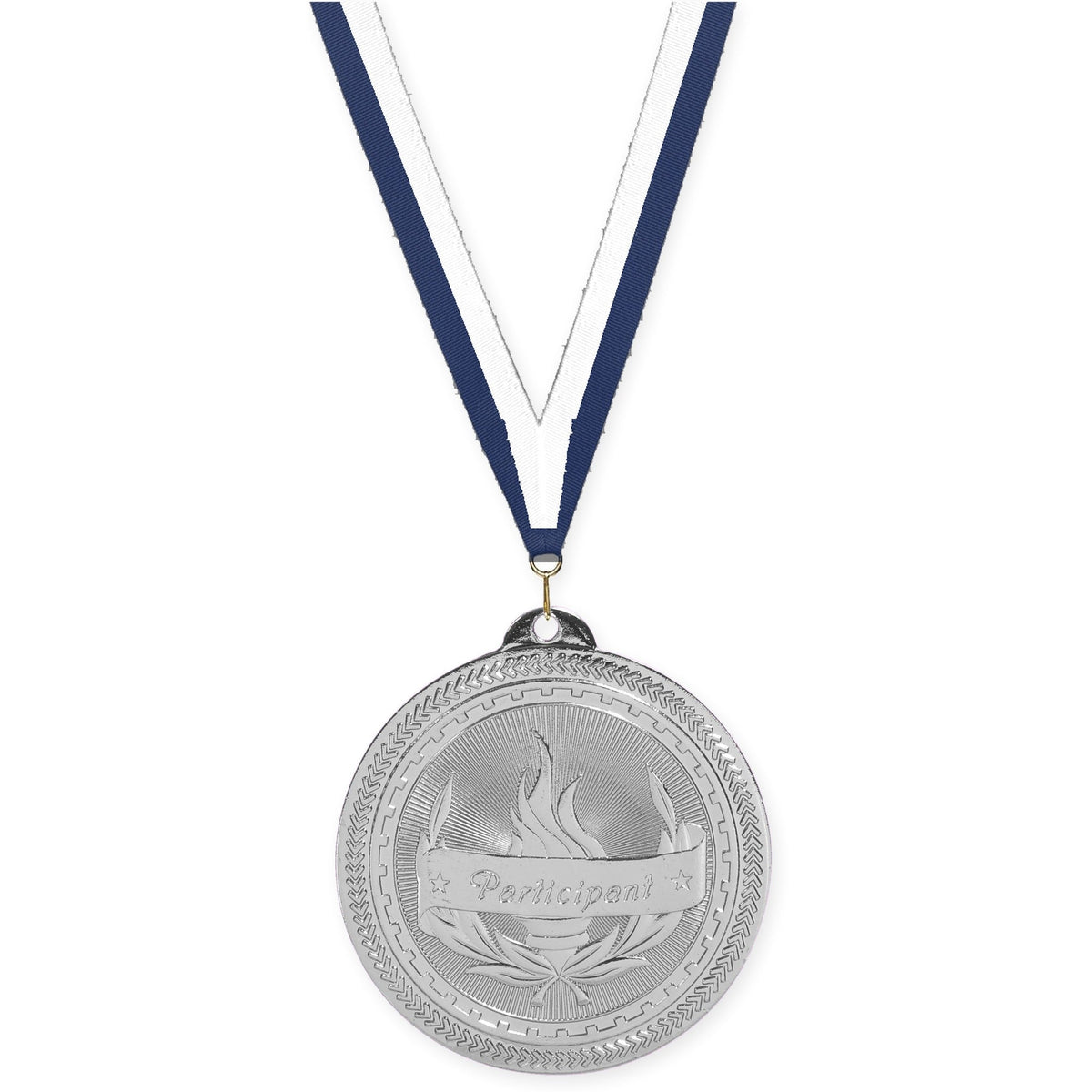 2 inch Participant Sunburst medal in bright silver with Navy White neck ribbon