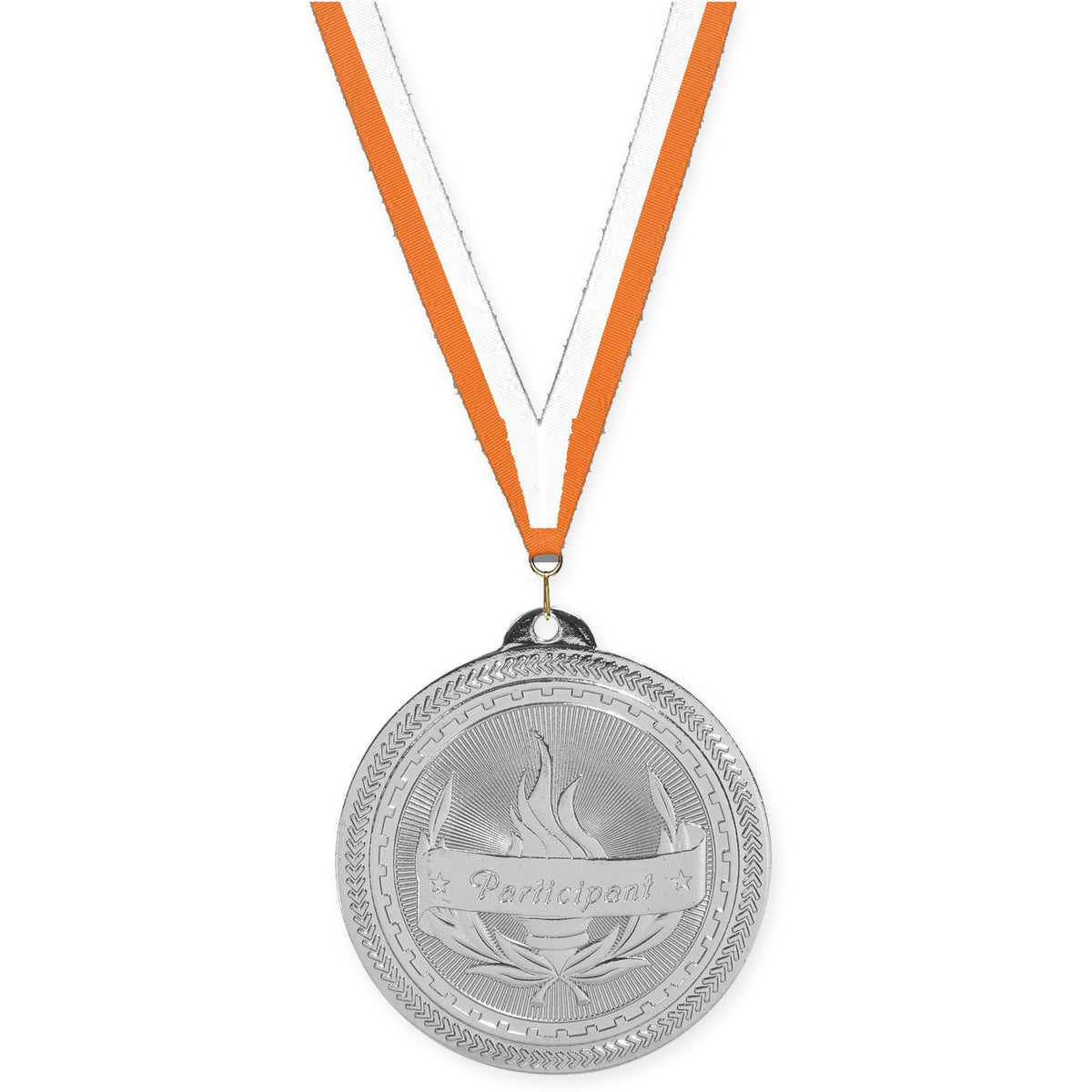 2 inch Participant Sunburst medal in bright silver with Orange White neck ribbon