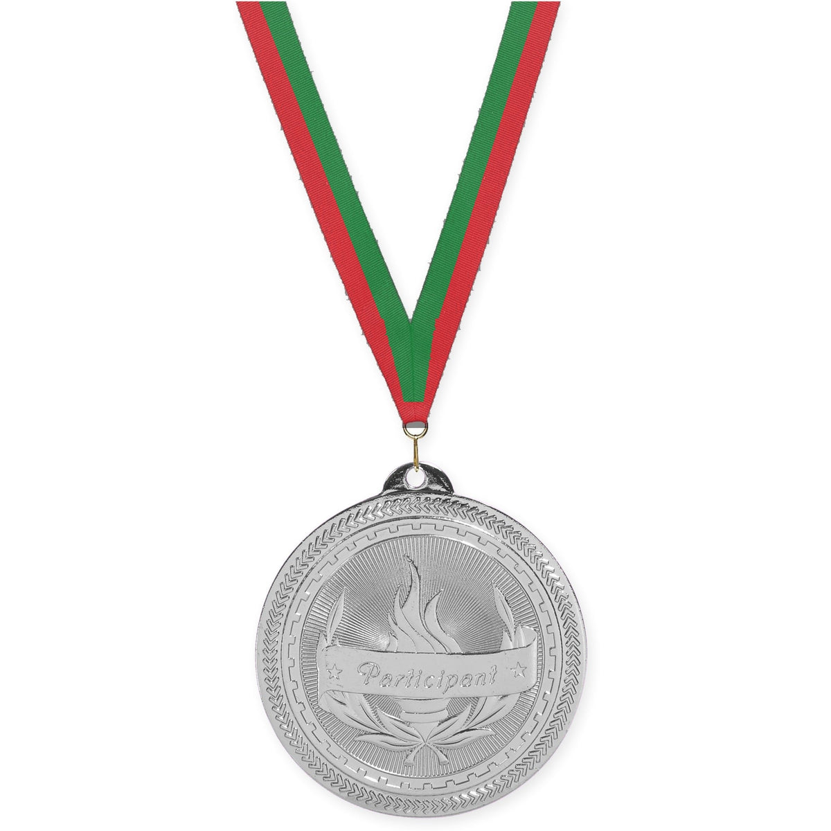 2 inch Participant Sunburst medal in bright silver with Red Green neck ribbon