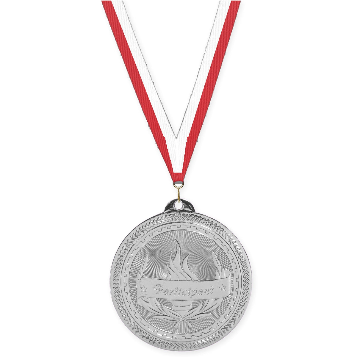 2 inch Participant Sunburst medal in bright silver with Red White neck ribbon