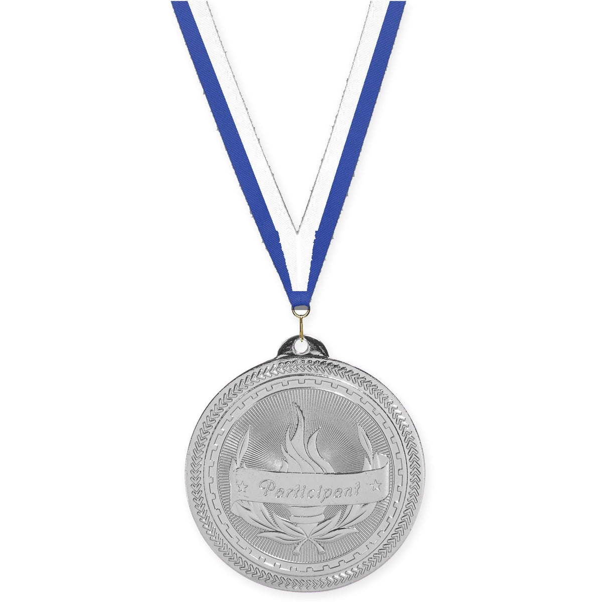 2 inch Participant Sunburst medal in bright silver with Blue White neck ribbon