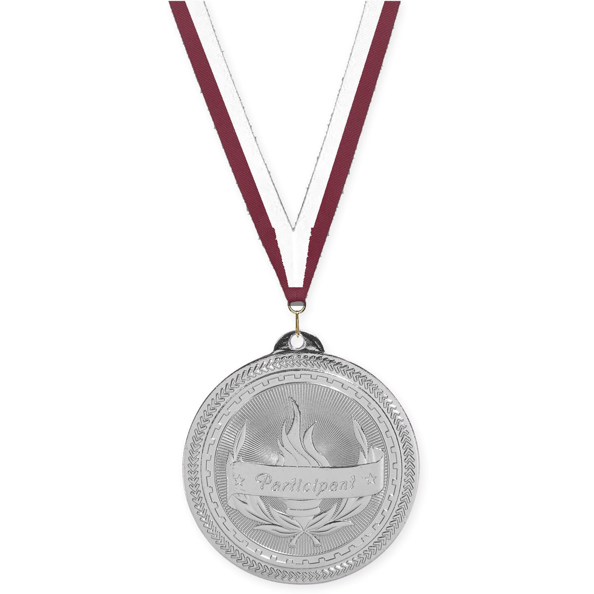 2 inch Participant Sunburst medal in bright silver with Maroon White neck ribbon