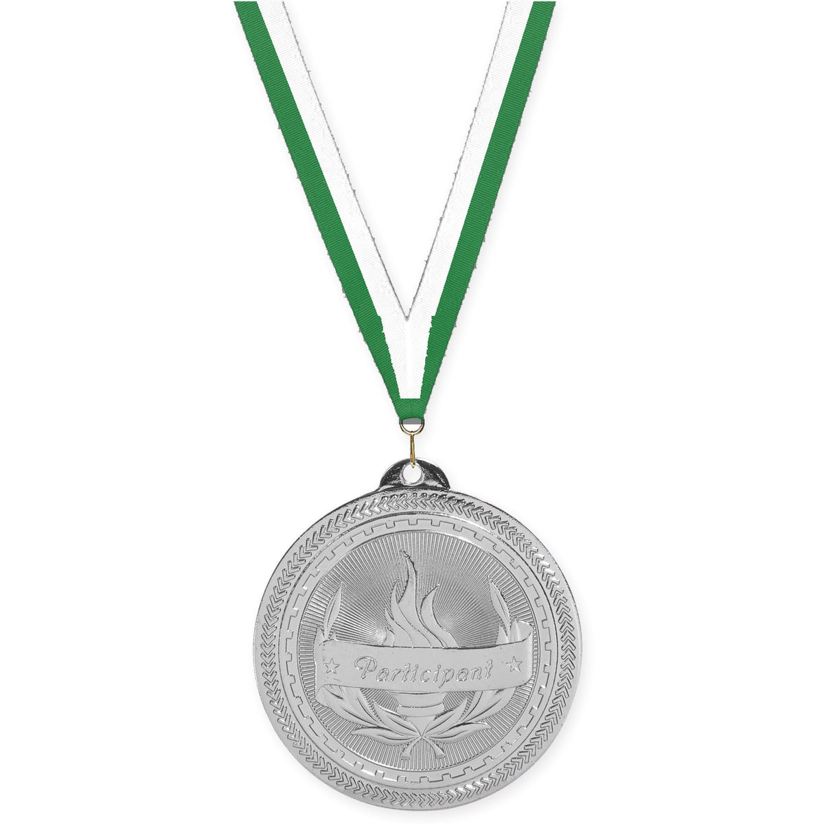 2 inch Participant Sunburst medal in bright silver with Green White neck ribbon