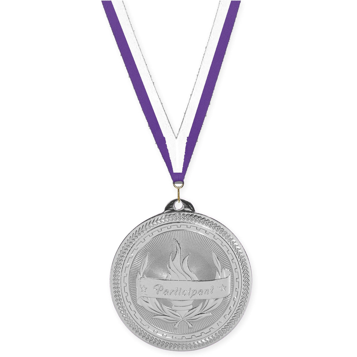 2 inch Participant Sunburst medal in bright silver with Purple White neck ribbon