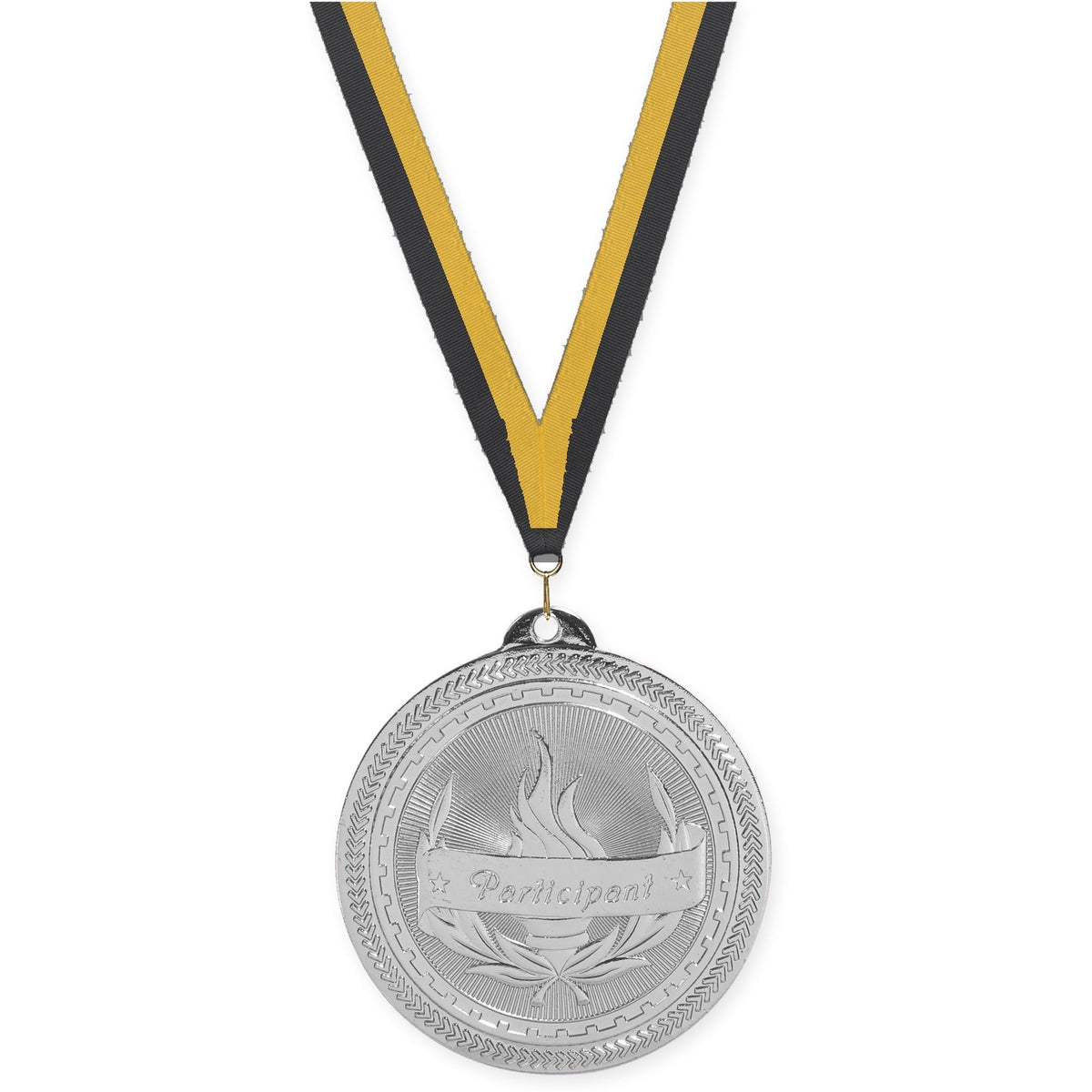 2 inch Participant Sunburst medal in bright silver with Black Gold neck ribbon