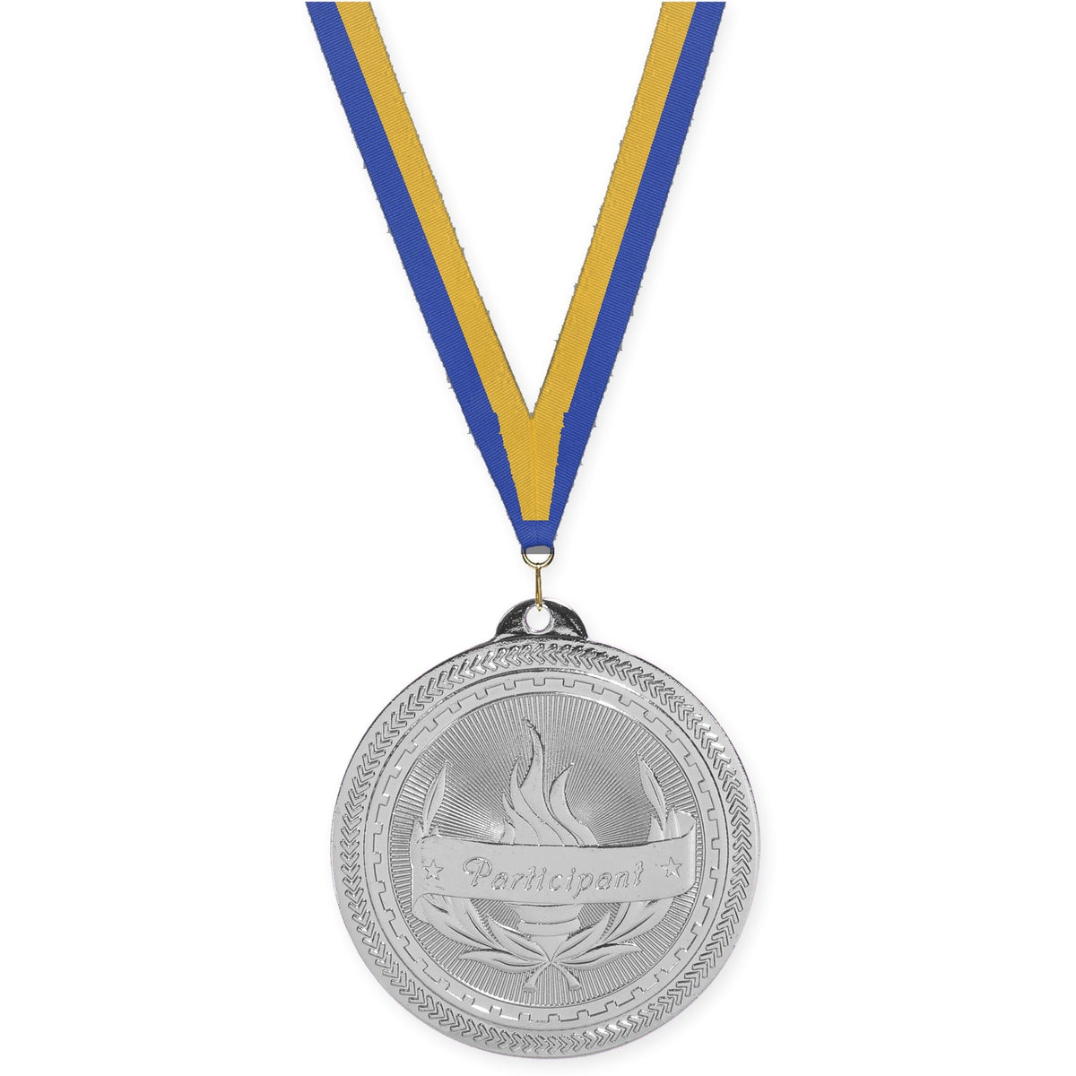 2 inch Participant Sunburst medal in bright silver with Blue Gold neck ribbon