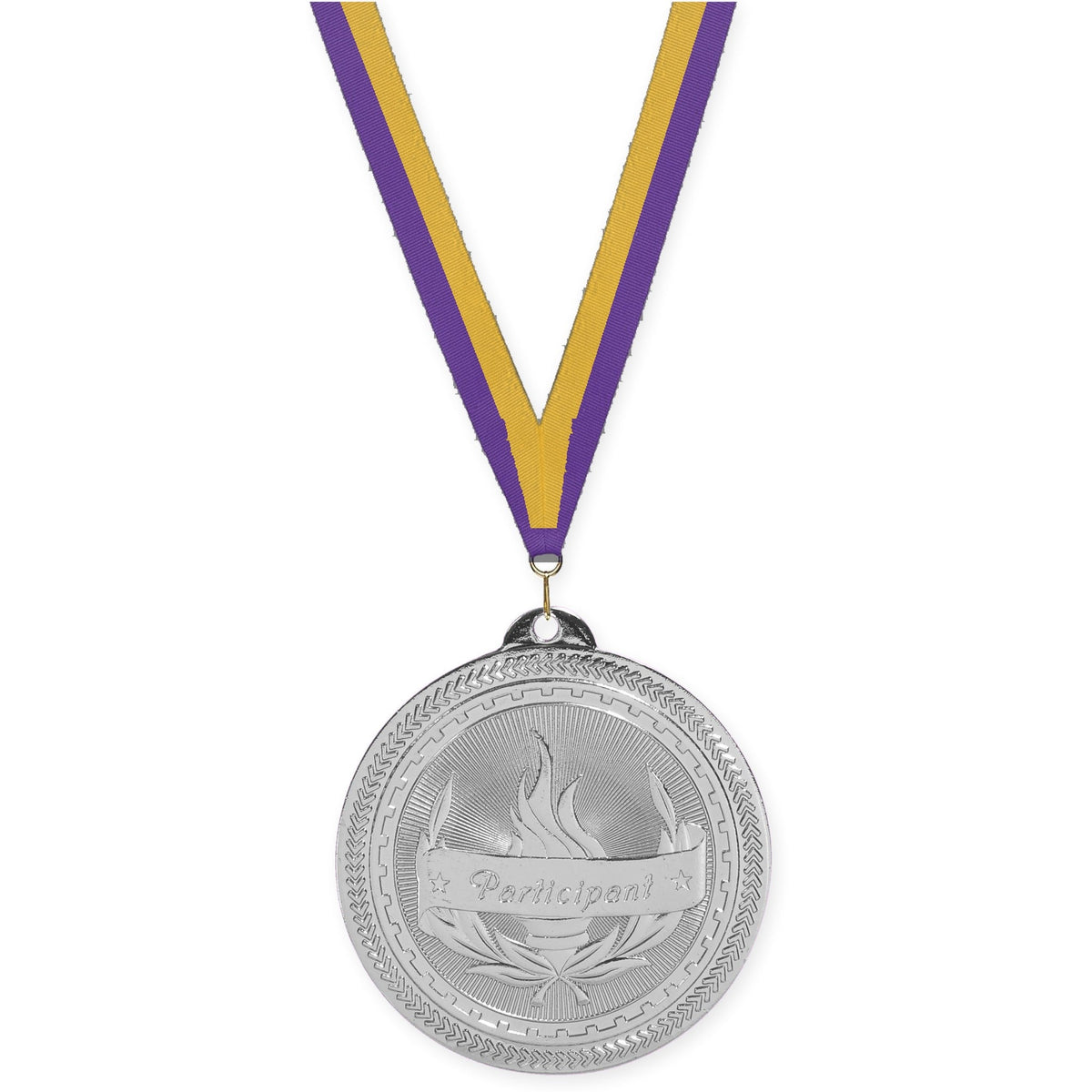 2 inch Participant Sunburst medal in bright silver with Purple Gold neck ribbon