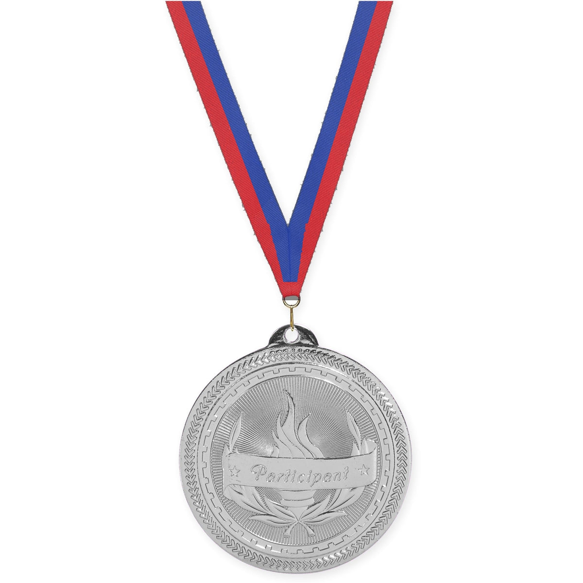 2 inch Participant Sunburst medal in bright silver with Blue Red neck ribbon