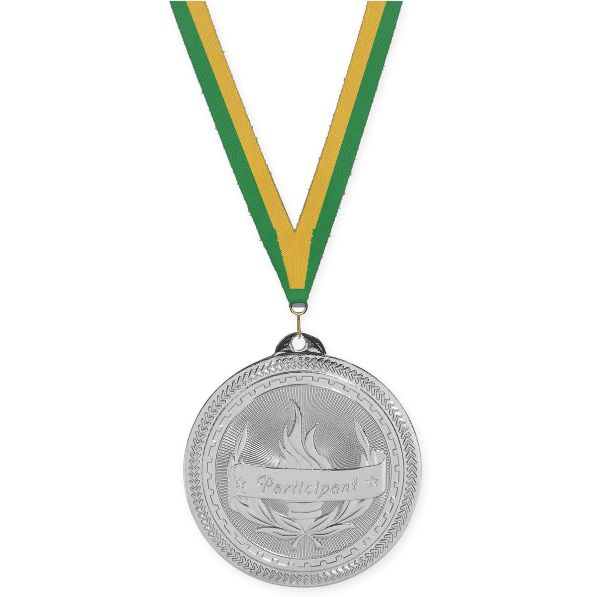 2 inch Participant Sunburst medal in bright silver with Green Gold neck ribbon
