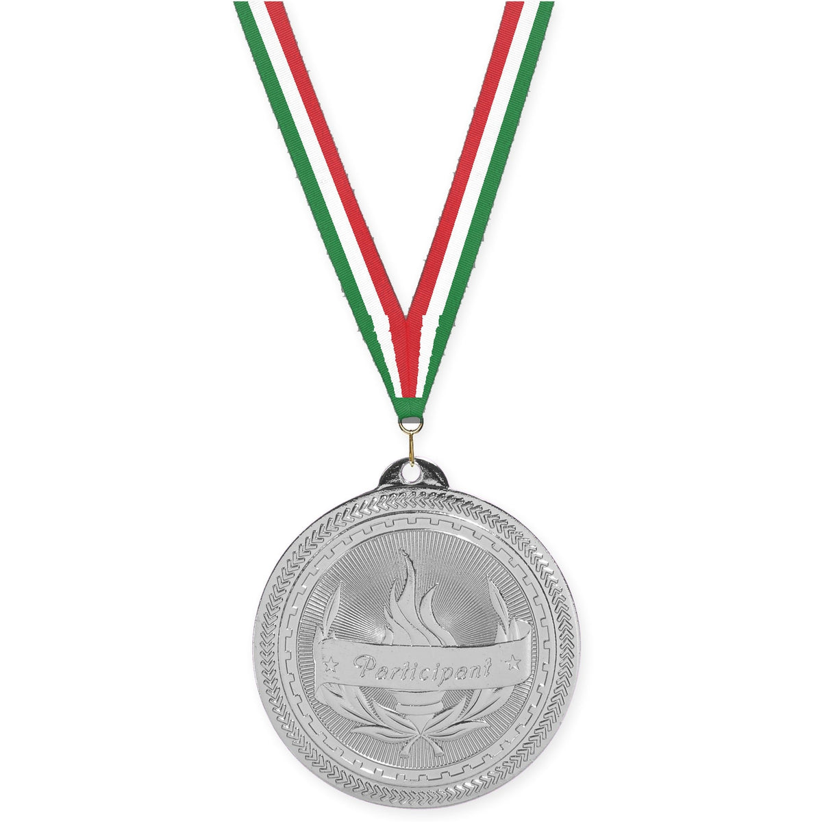 2 inch Participant Sunburst medal in bright silver with Green White Red neck ribbon