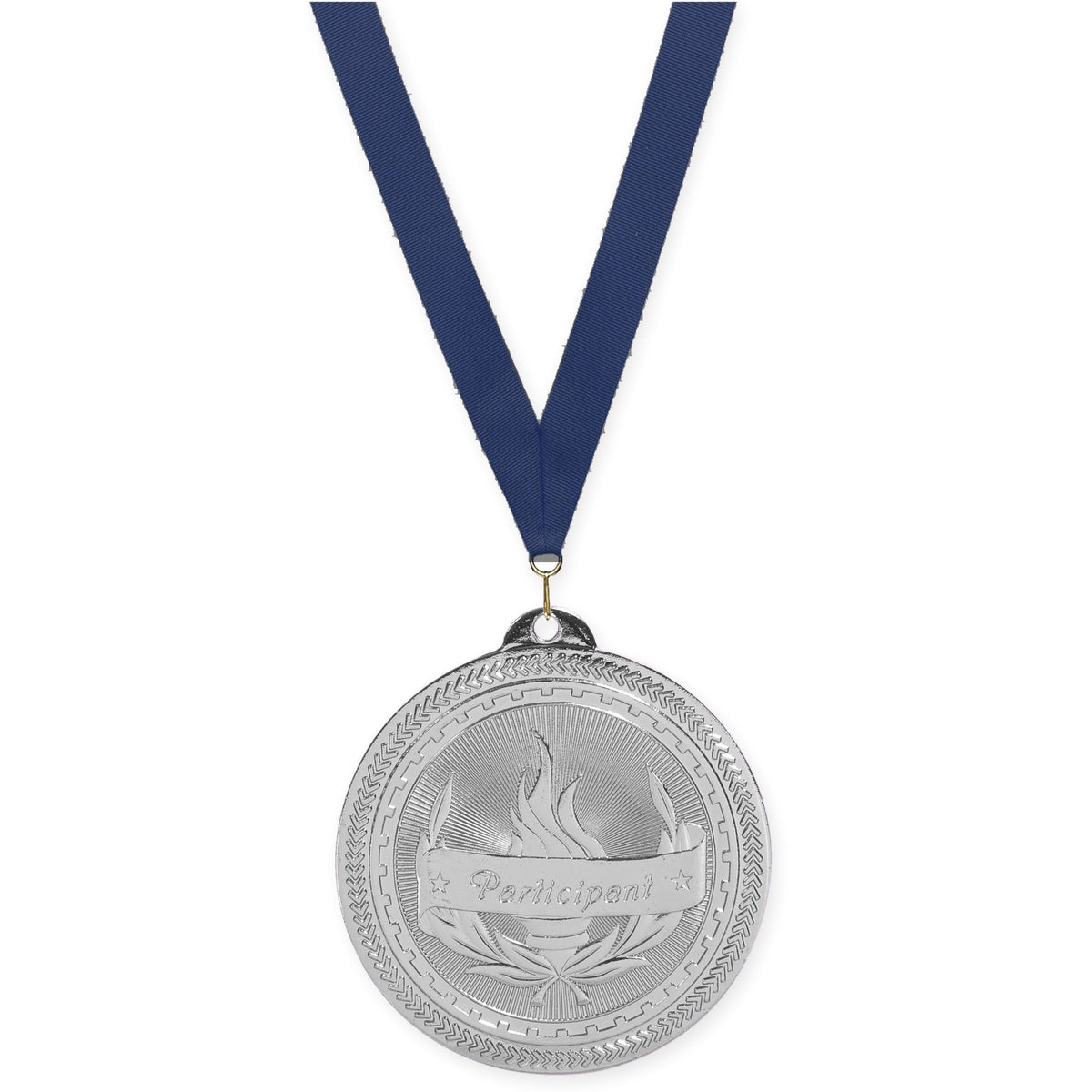 2 inch Participant Sunburst medal in bright silver with Navy neck ribbon