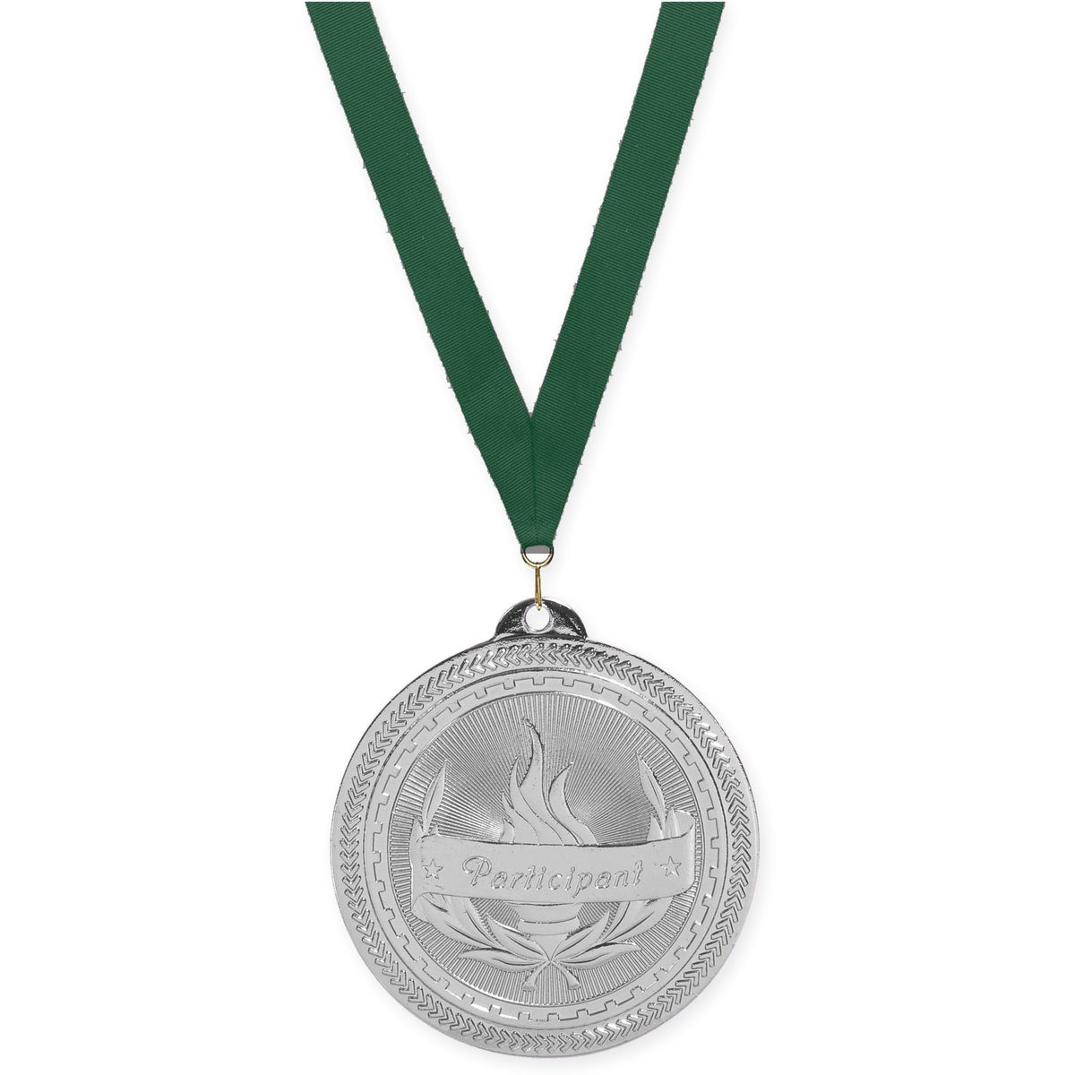 2 inch Participant Sunburst medal in bright silver with Hunter Green neck ribbon