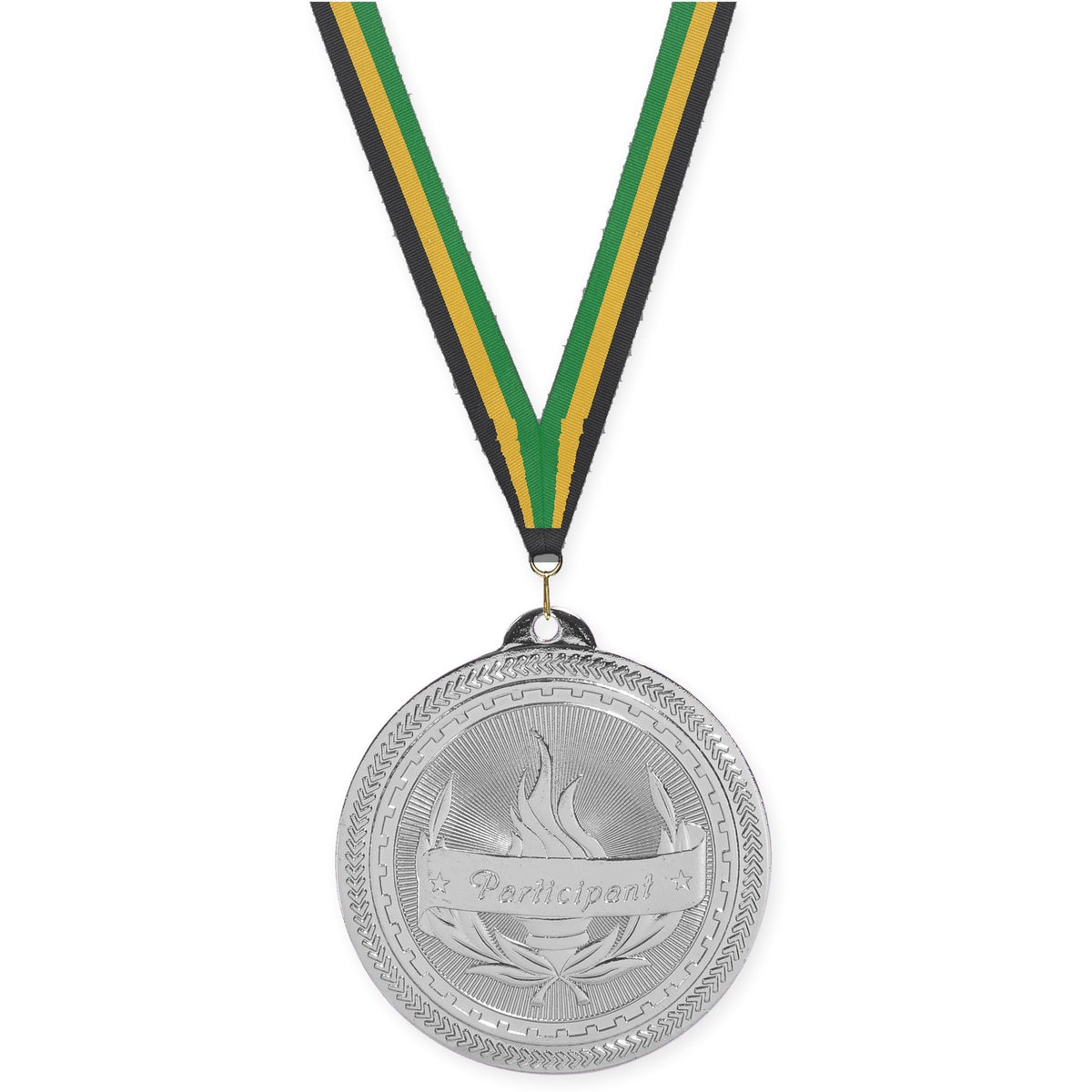 2 inch Participant Sunburst medal in bright silver with Black Gold Green neck ribbon
