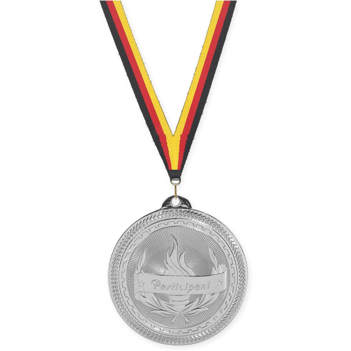 2 inch Participant Sunburst medal in bright silver with Black Red Yellow neck ribbon
