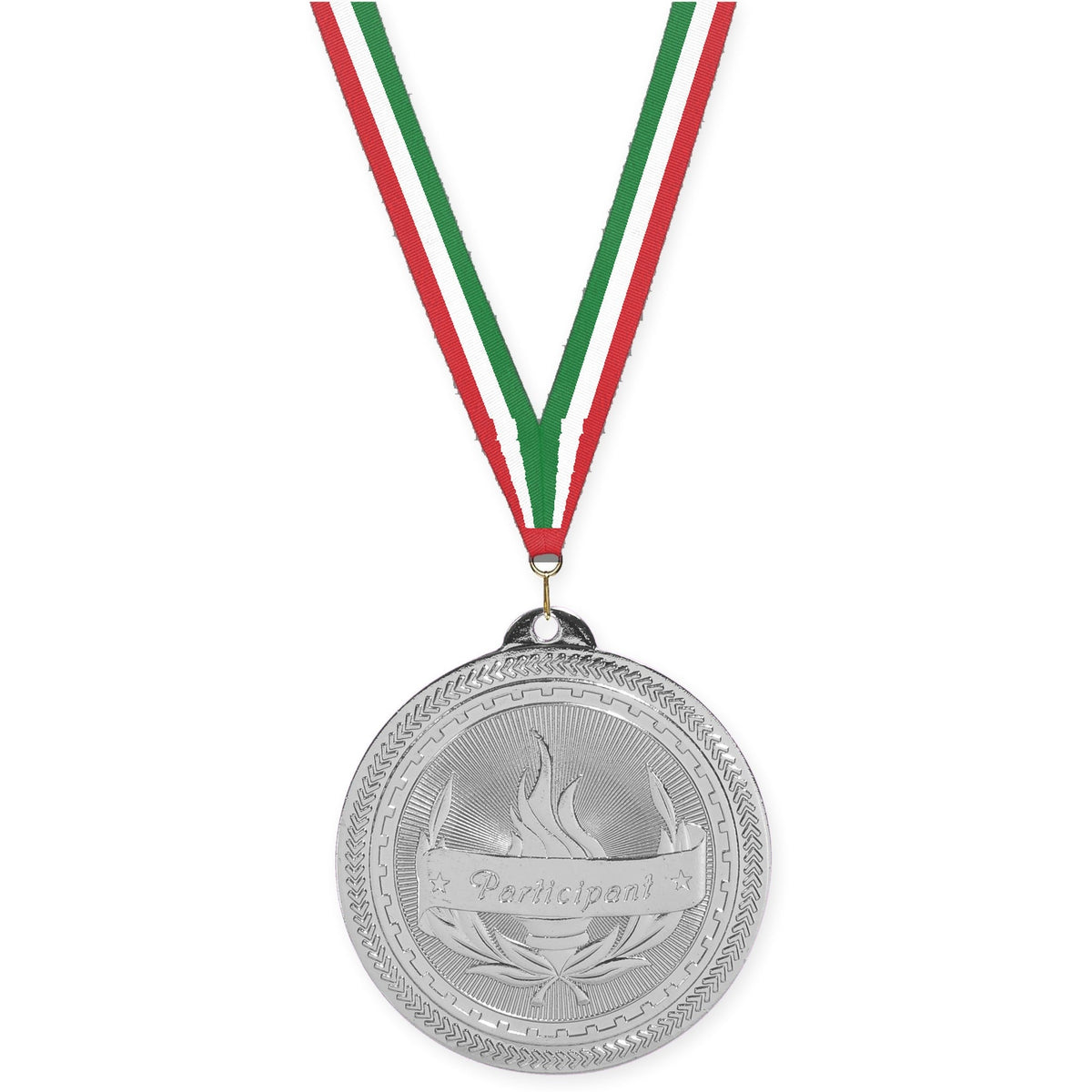 2 inch Participant Sunburst medal in bright silver with Red White Green neck ribbon