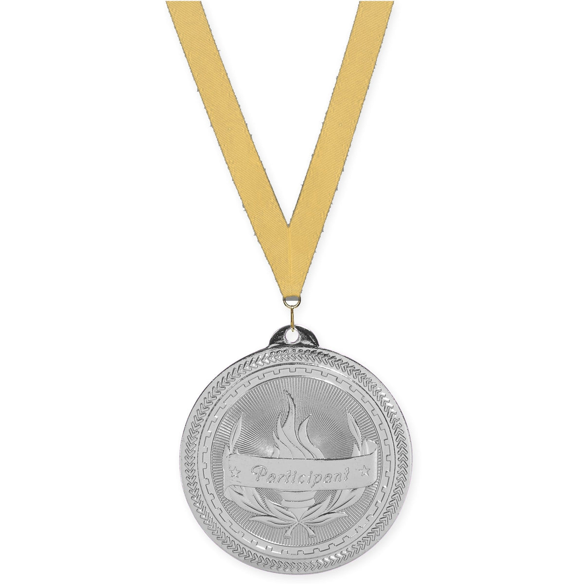 2 inch Participant Sunburst medal in bright silver with Gold Metallic neck ribbon