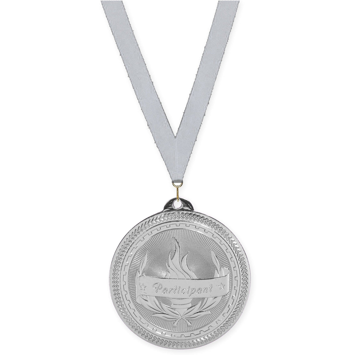 2 inch Participant Sunburst medal in bright silver with Silver Metallic neck ribbon