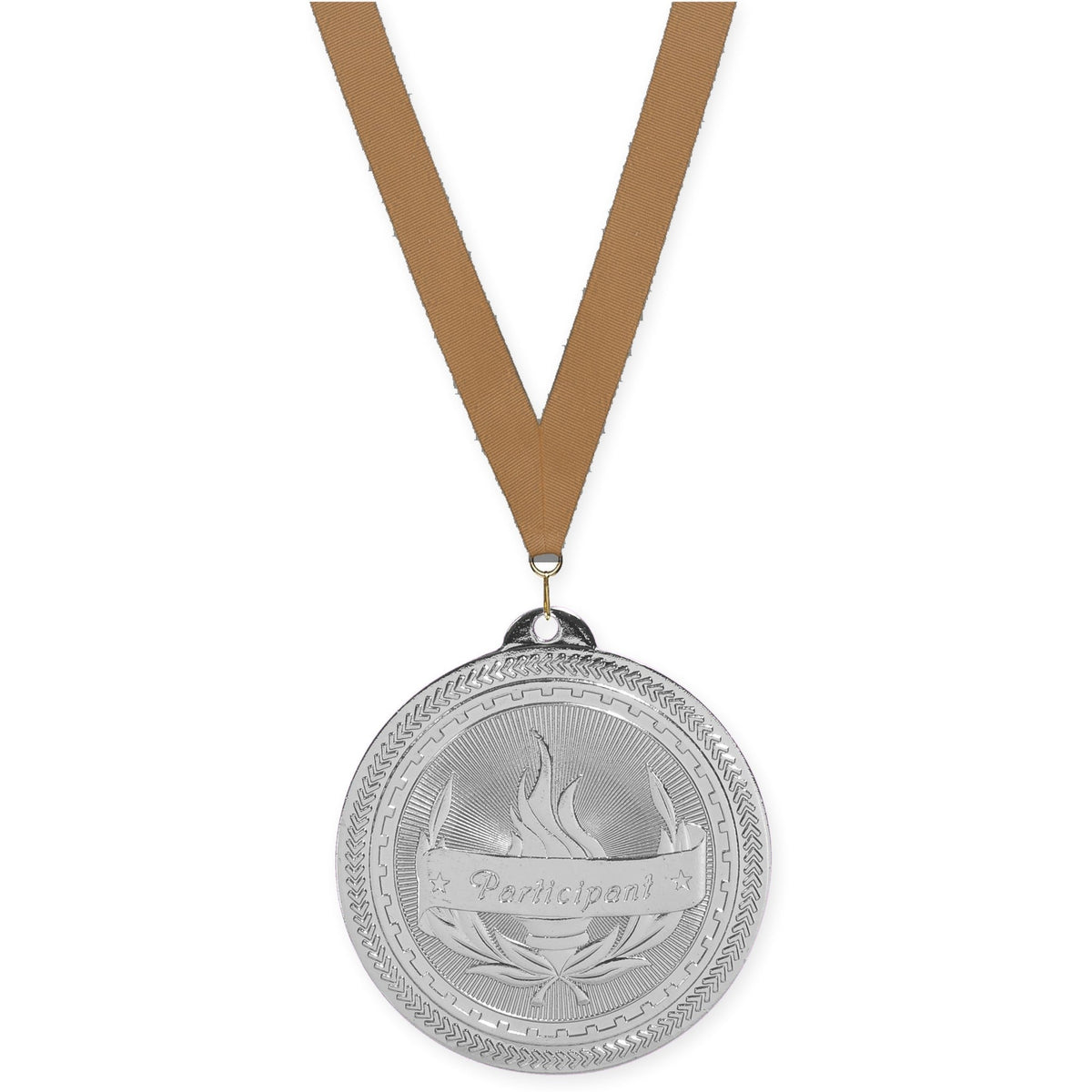 2 inch Participant Sunburst medal in bright silver with Bronze Metallic neck ribbon