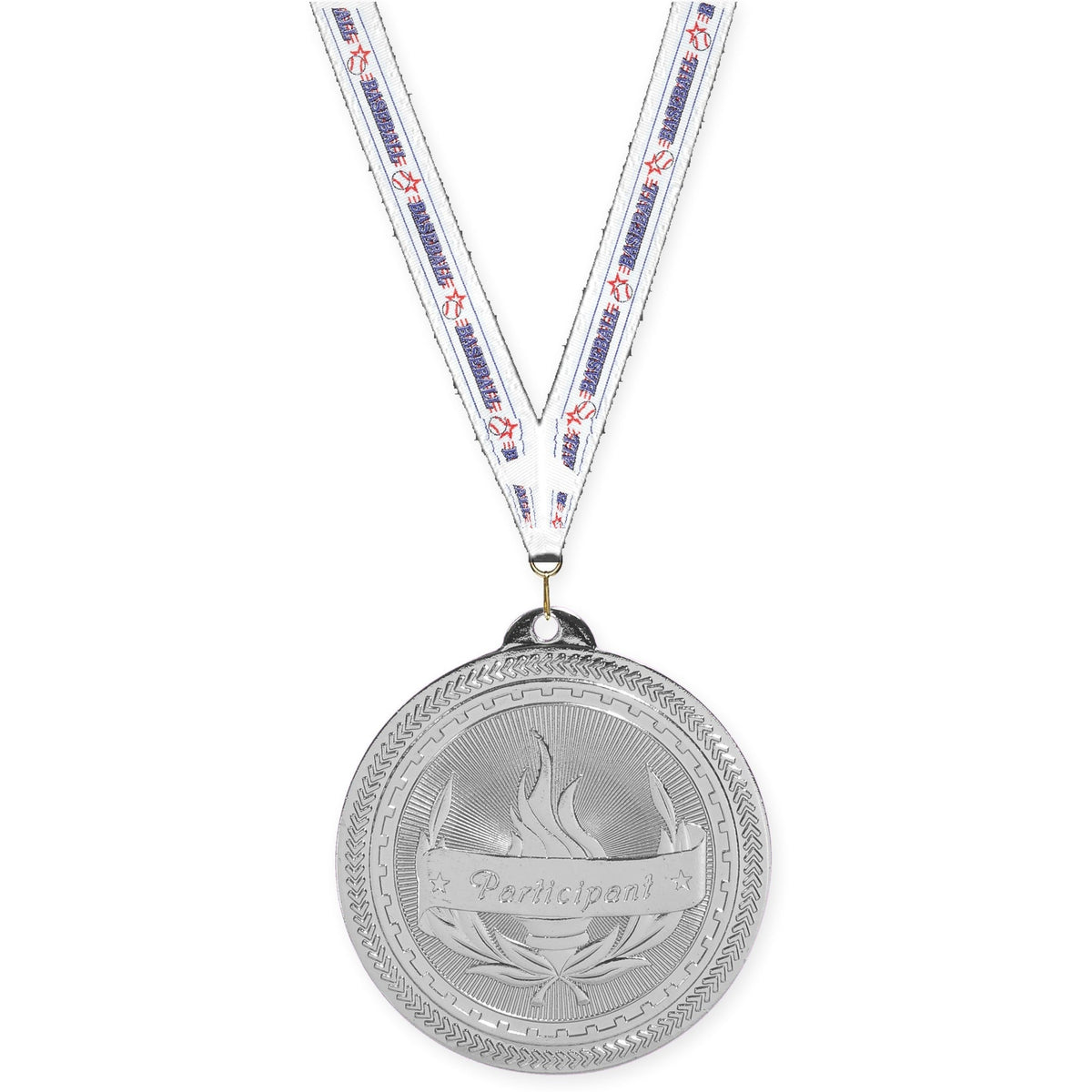 2 inch Participant Sunburst medal in bright silver with Baseball neck ribbon
