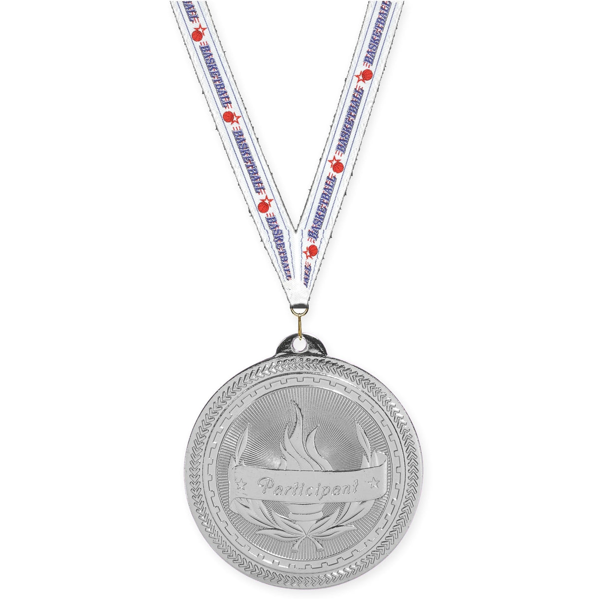 2 inch Participant Sunburst medal in bright silver with Basketball neck ribbon