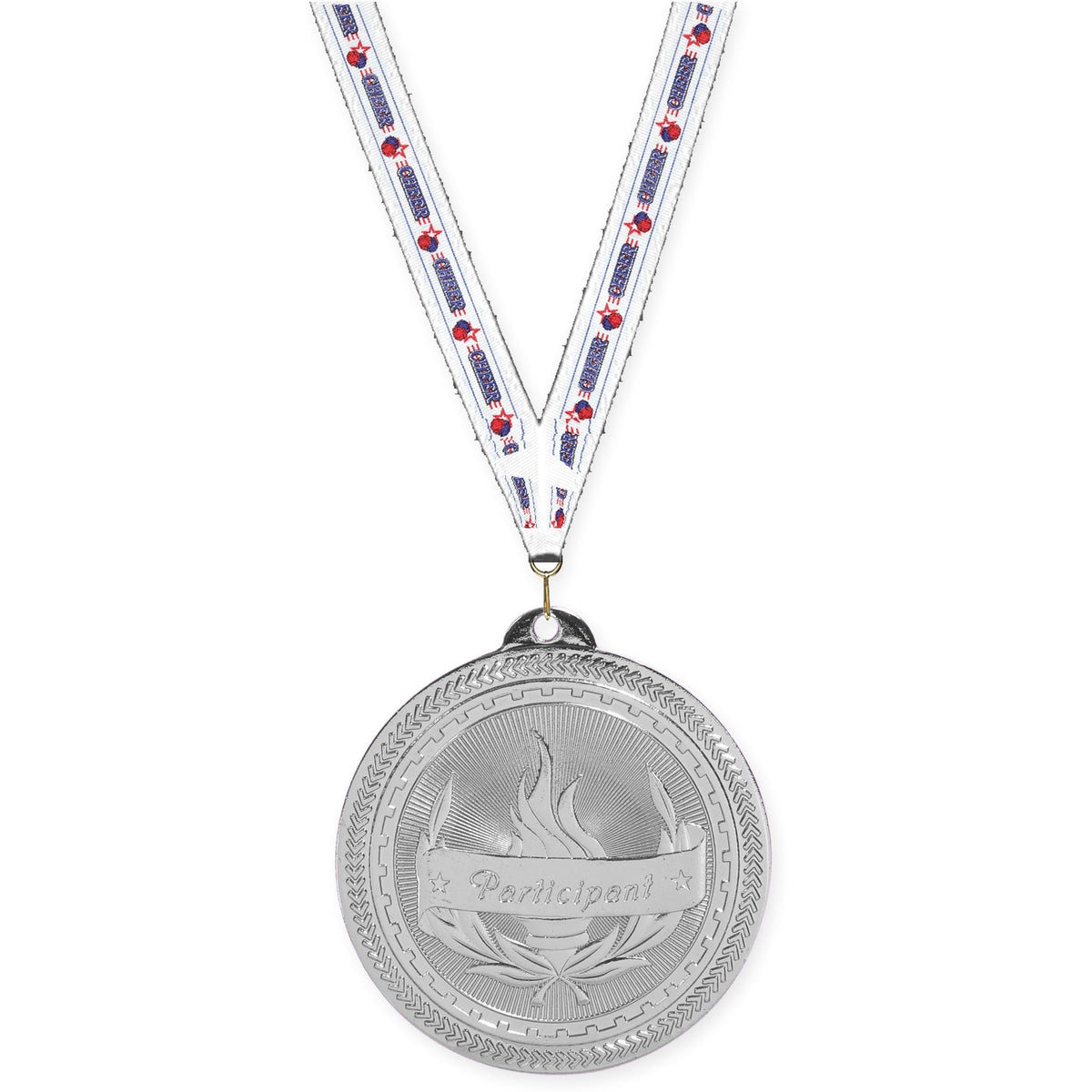 2 inch Participant Sunburst medal in bright silver with Cheerleading neck ribbon