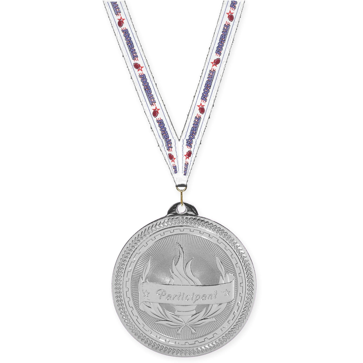 2 inch Participant Sunburst medal in bright silver with Football neck ribbon