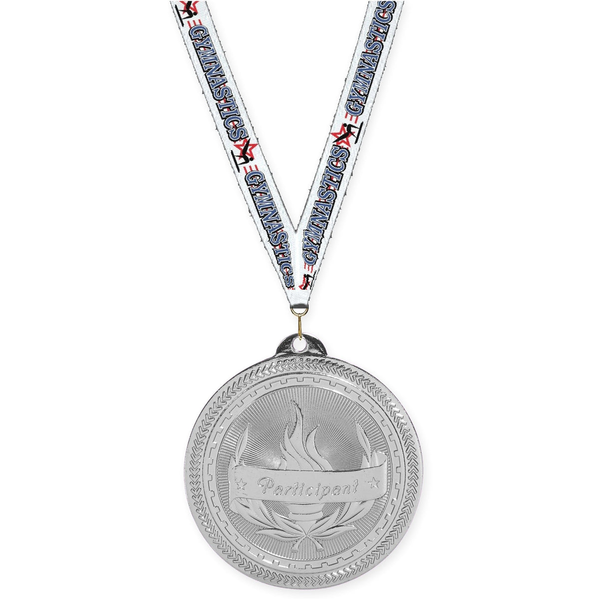 2 inch Participant Sunburst medal in bright silver with Gymnastics neck ribbon