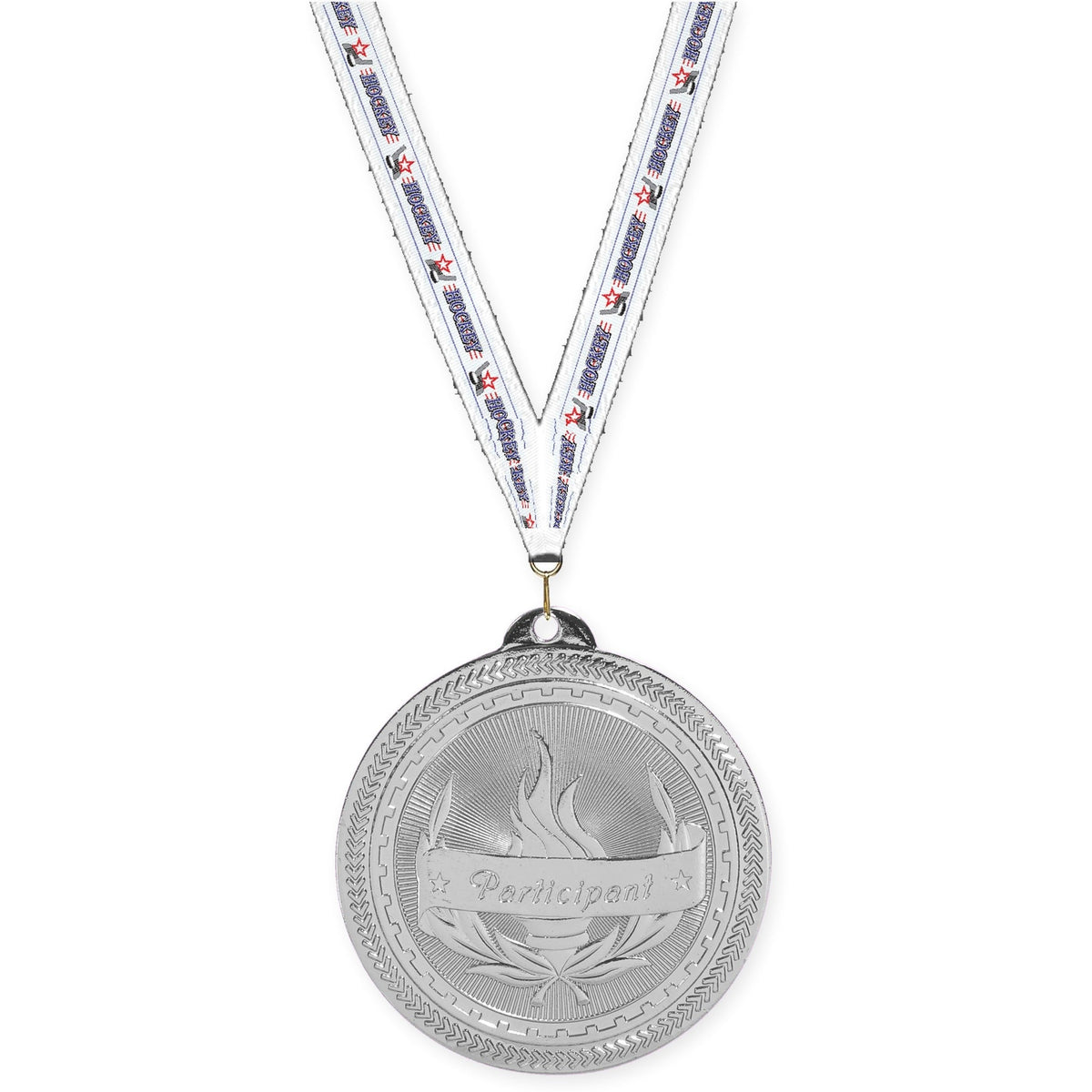 2 inch Participant Sunburst medal in bright silver with Hockey neck ribbon