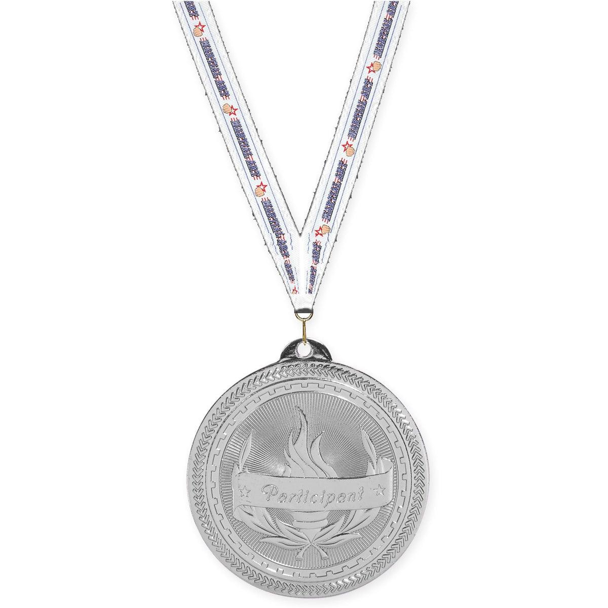 2 inch Participant Sunburst medal in bright silver with Martial Arts neck ribbon