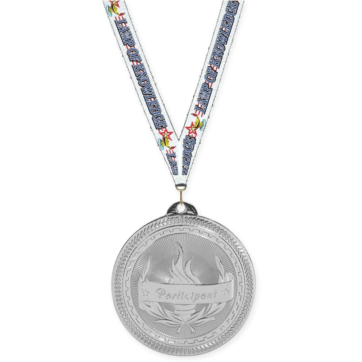 2 inch Participant Sunburst medal in bright silver with Lamp Of Knowledge neck ribbon