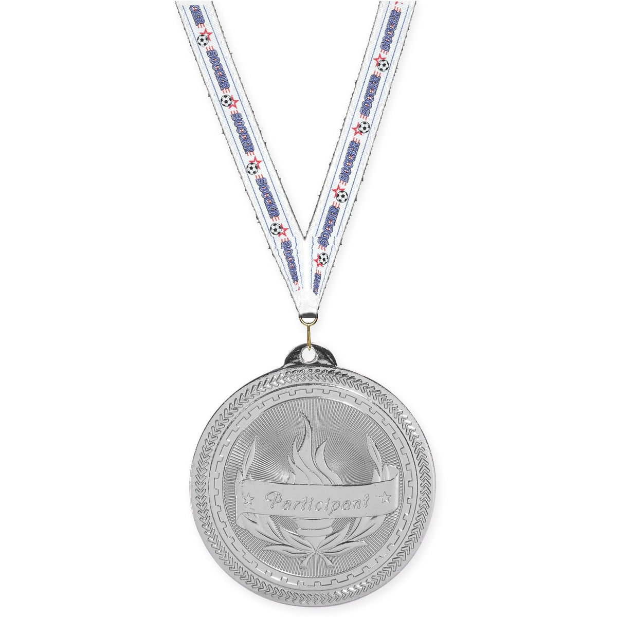 2 inch Participant Sunburst medal in bright silver with Soccer neck ribbon