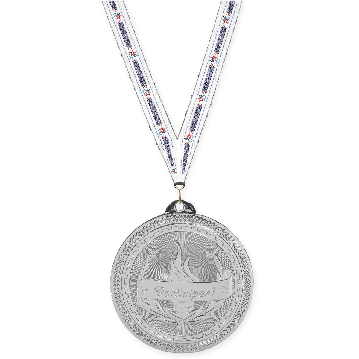2 inch Participant Sunburst medal in bright silver with Swimming neck ribbon