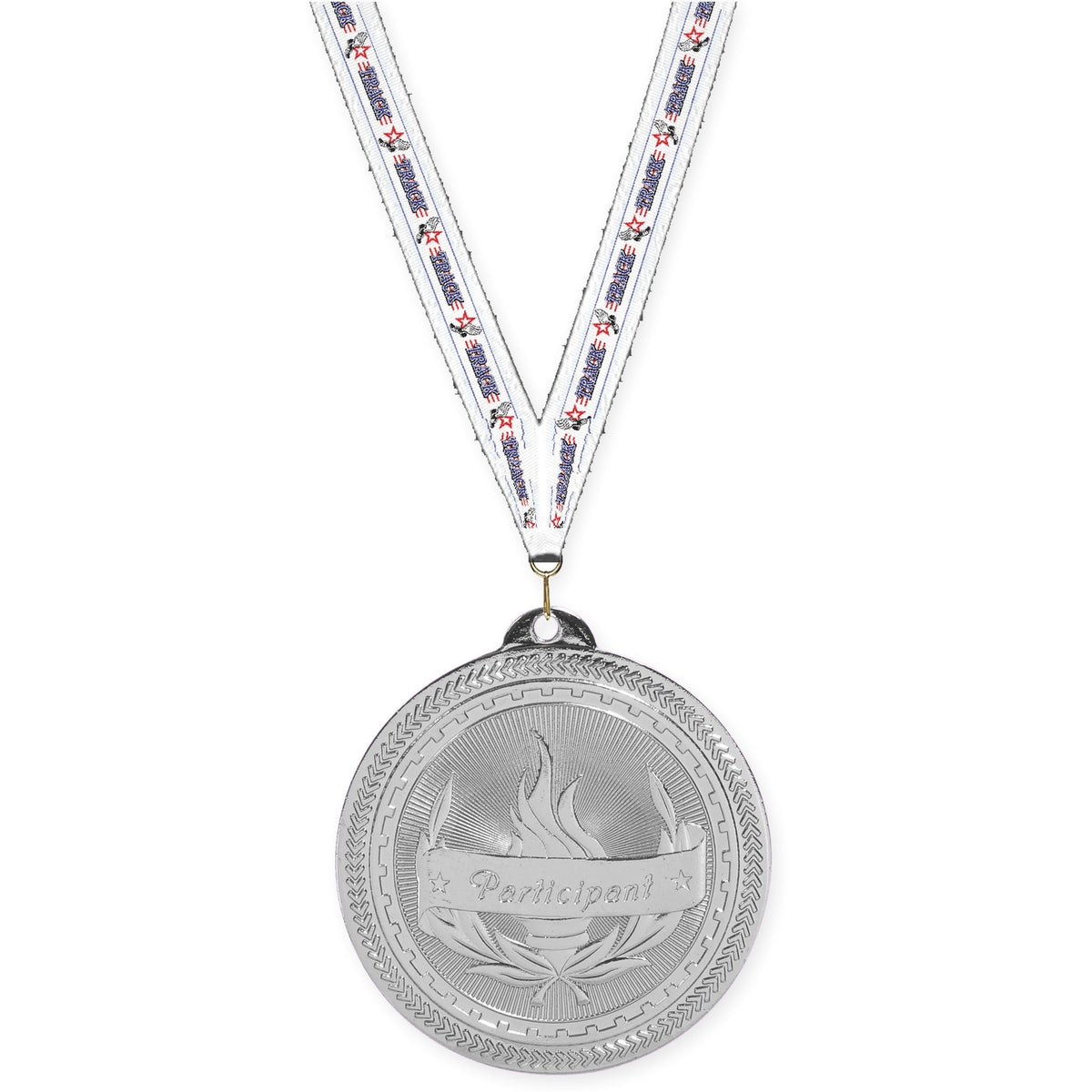 2 inch Participant Sunburst medal in bright silver with Track neck ribbon