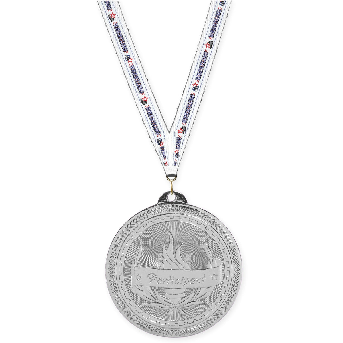 2 inch Participant Sunburst medal in bright silver with Wrestling neck ribbon