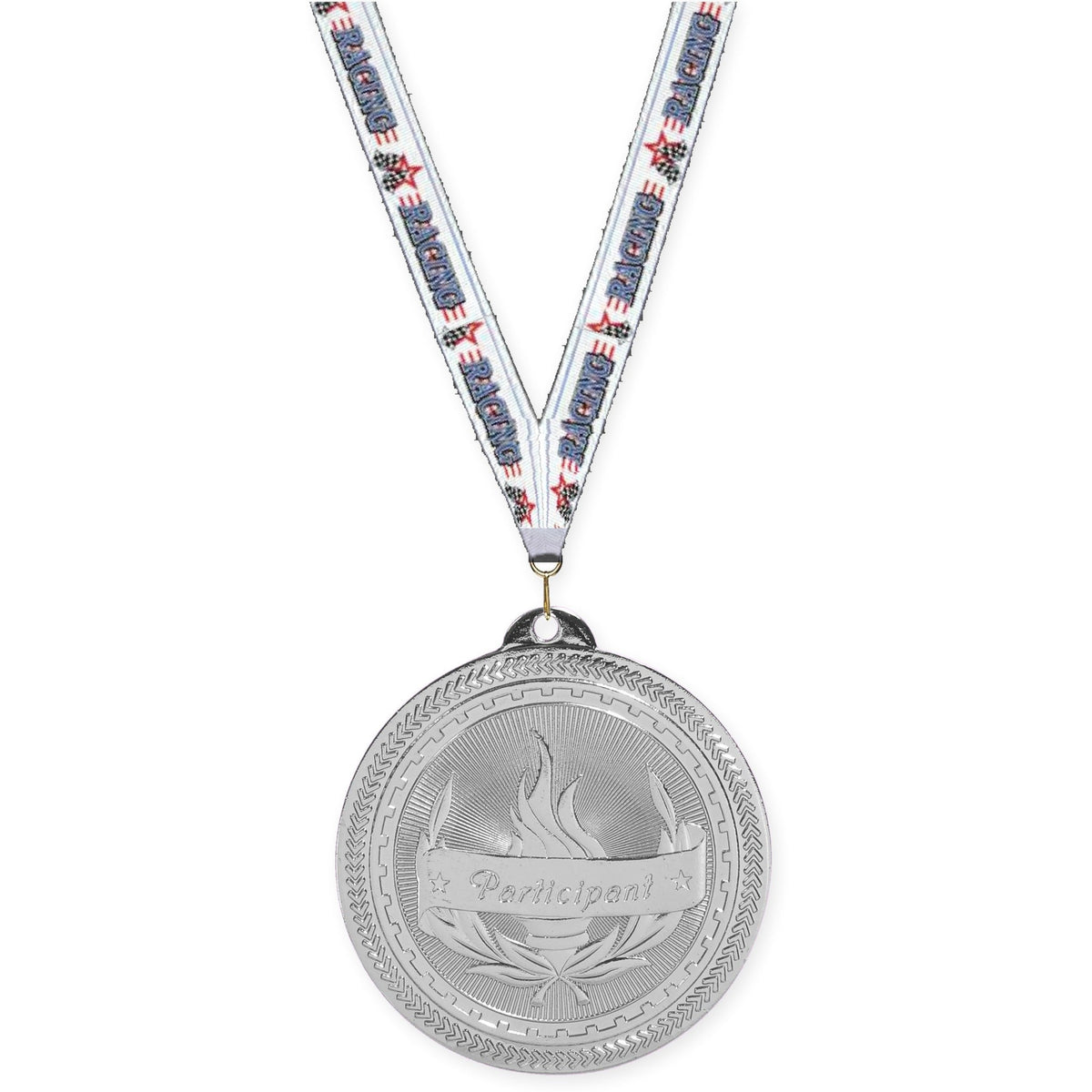2 inch Participant Sunburst medal in bright silver with Auto Racing neck ribbon