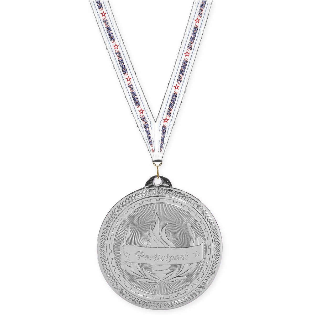 2 inch Participant Sunburst medal in bright silver with 1st Place neck ribbon