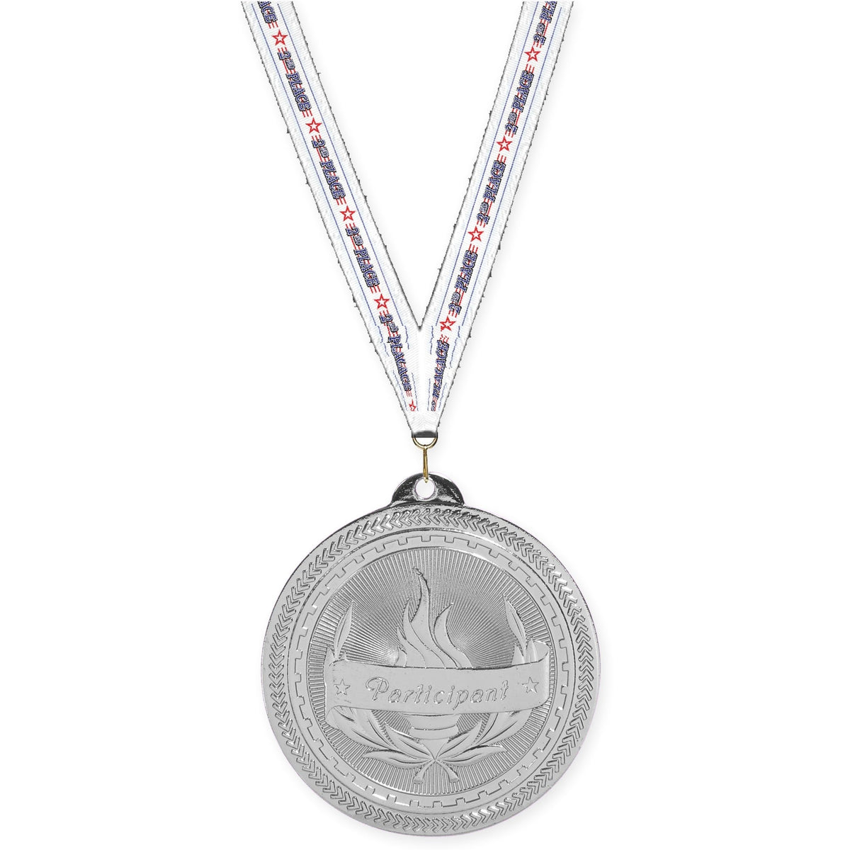 2 inch Participant Sunburst medal in bright silver with 2nd Place neck ribbon