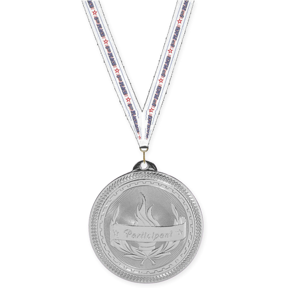 2 inch Participant Sunburst medal in bright silver with 3rd Place neck ribbon