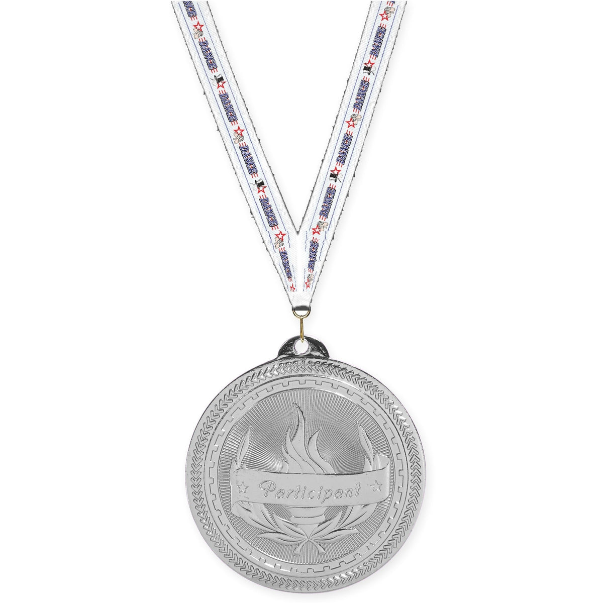 2 inch Participant Sunburst medal in bright silver with Dance neck ribbon