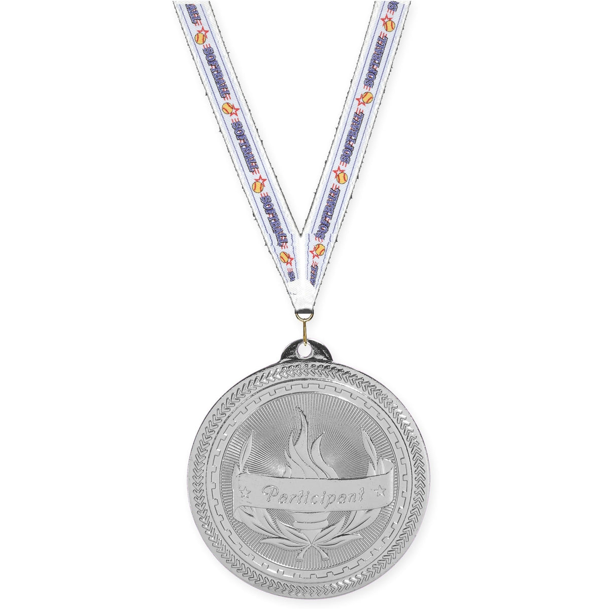 2 inch Participant Sunburst medal in bright silver with Softball neck ribbon